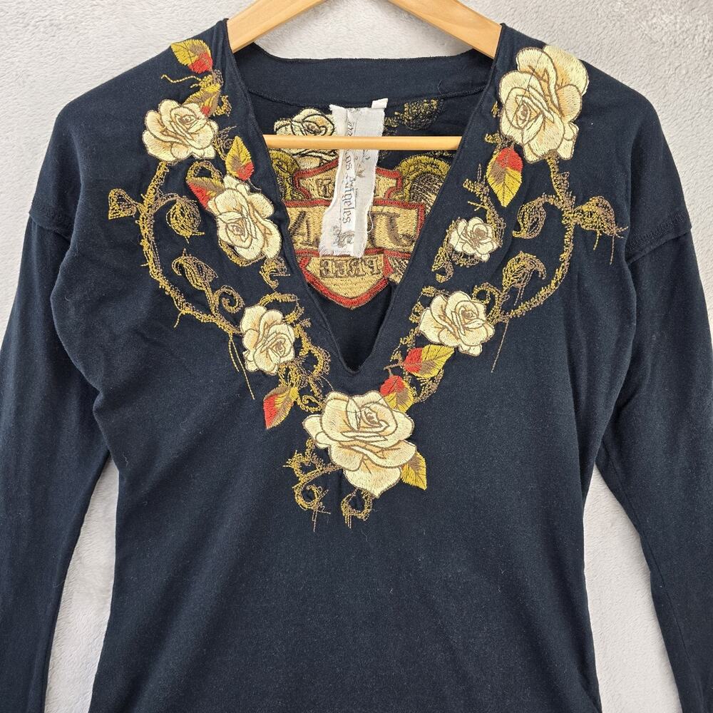 Johnny Was JWLA Embroidered Tunic Top Small Black Born Fee Floral Wings - Picture 3 of 13